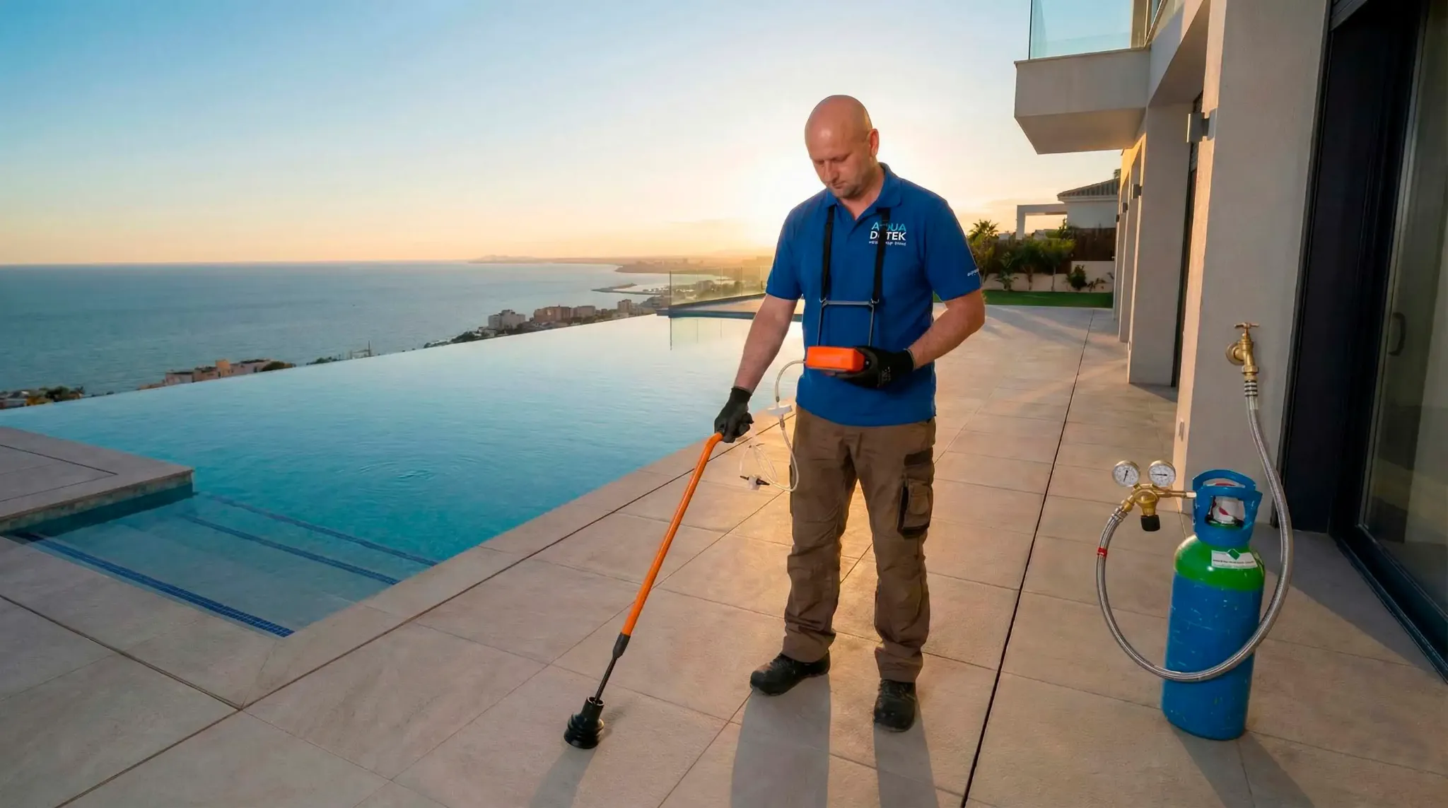 Técnico detectando fugas con gas trazador